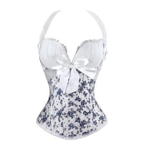 Organza and Blue Floral Brocade Corset, White Organza and Floral Brocade Corset, Halter White Floral Brocade Corset, #N8135