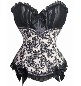 Organza and Floral Brocade Corset, White-Black Organza and Floral Brocade Corset, White-Black Floral Brocade Corset, #N5364