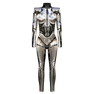 Robot Printed Jumpsuit, Halloween Robot High Neck Slim Fit Bodysuit, Halloween Bodycon Jumpsuit, Long Sleeve High Neck Jumpsuit, Halloween Robot Jumpsuit for Women, #N22325