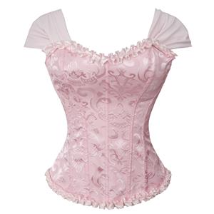 pink vintage corset, dance bustier, ruffle sleeve top, cross back lacing, retro dancewear, floral corset, adjustable corset, performance top, ruffled neckline, ballet inspired corset, feminine bustier, costume corset, vintage lingerie, dance costume, theatrical corset #N237864