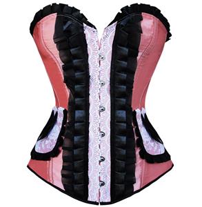 Pleated Lace Trimming Corset, Pleated Lace Corset pink, Corset pink, Sexy Satin Strapless Corset, Sexy Floral Lace Overbust Corset, Sexy Bustier, #N4676