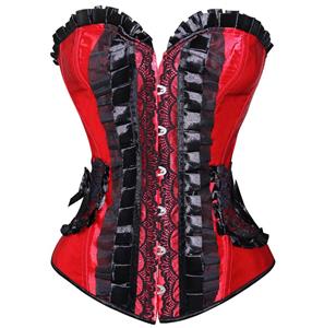 Pleated Lace Trimming Corset, Pleated Lace Corset red, Christmas Corset red, #N4677
