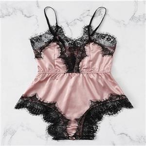 Sexy Backless Patchwork Teddy Lingerie, Backless Satin Bodysuit Lingerie, Valentine