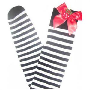 Stripe Thigh Highs, Black-White Stripe thigh highs, Plush Strawberry Thigh Highs, #HG3219