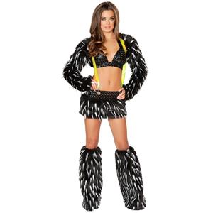 Spike Fur Suspender Skirt Set, Black Furry Rave Animal Set, Black White Gogo Dancer Outfit, #N8756