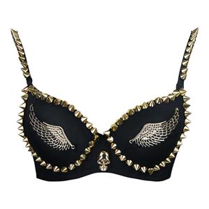 Punk Golden Wing Bra Top, Golden Wing & Skull Spike Studded Rivet Bra Top, Gold Spike Studded Bra Top, #N6756