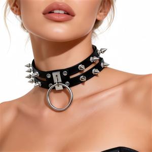 Punk Rock Spiked Leather Choker with O-Ring & Buckle Detail​ J23944