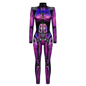 Robot Printed Jumpsuit, Halloween Robot High Neck Slim Fit Bodysuit, Halloween Bodycon Jumpsuit, Long Sleeve High Neck Jumpsuit, Halloween Robot Jumpsuit for Women, #N22322