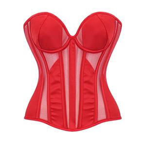 Red Corset Bodysuit, Mesh Corset Top, Back Lace-Up, Satin Bustier, Removable Straps, Waist Cincher, Body Shaper, Sheer Mesh, Adjustable Corset, Breathable Shapewear, Underbust Corset, Curvy Silhouette, Tummy Control, Fashion Bodysuit, Sexy Lingerie #N23867