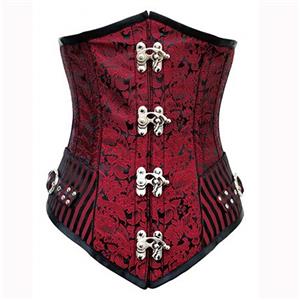 Steampunk Steel Boned Underbust Corset, Red Brocade Longlined Underbust Corset, Brocade Underbust Corset, #N5961