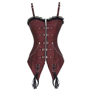 Steampunk Overbust Corset, Sexy Red Brocade Outerwear Corset, Gothic Stripe Corset, Women