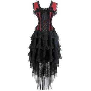 Burlesque Queen Costume, Gothic Halloween Corset Dress, Burlesque Halloween Costume for Women, Red Lace Boned Corset Dress, One-piece Burlesque Corset Dress, #N17346