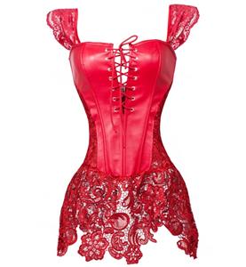 Steampunk Sexy Red Faux Leather Long Lace Embellished Corset with Lace Skirt Christmas Corset N10615
