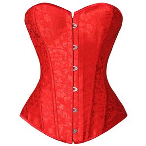 Noble Elegant Red Corset, Cheap Busk Closure Corset, Jacquard Weave Overbust Corset, Women