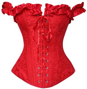 embroidered Corset, Red Tie-Strap Corsets, ruffle tie straps Corsets, #M2672