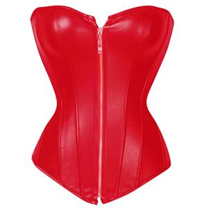 Red Leather Corset, Leather Corset, Leather Zipper Corset, #N5080