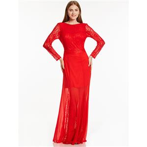 Sexy Evening Gowns, Ankle-Length Evening Gowns, Red Round Neck Prom Gowns, Lace Evening Dresses, Long Sleeve Red Evening Gowns, #N15909
