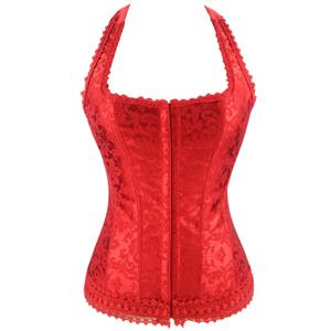 Elegant Red Halter Corset, Cheap High Quality Corset, Jacquard Weave Lace Edge Overbust Corset, Christmas Corset, #N9728