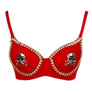 Sexy Red Clubwear Top, Cheap Skull Bones Bra Top, Halloween Bra Top, Gold Club Party Bra Top, B Cups Bra for Women, #N11013