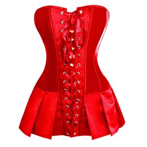 Red silk satin body shaper, satin basque corseted skirt, Red Satin Skirted Corset, Christmas Corset, #N5688