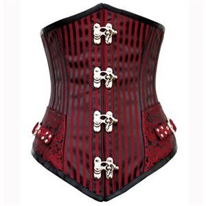 Steampunk Steel Boned Striped Corset, Red Striped Underbust Corset, Striped Longlined Corset, #N5962