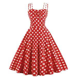 Vintage Dresses for Women, Sexy Dresses for Women Cocktail Party, Casual Vintage Polka Dot Printed Dress, Strappy Swing Daily Dress, Red Women
