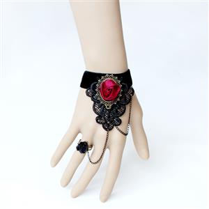 Retro Bracelet, Retro Red Rose Lace Bracelet, Cheap Wristband, Gothic Black Bracelet, Victorian Black Velvet Bracelet, Retro Black Wristband, Bracelet with Ring, #J18174
