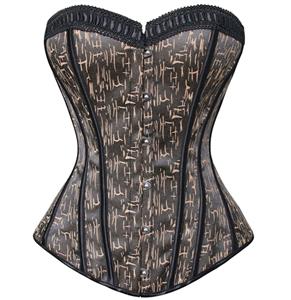 Retro Brown Satin Outerwear Corset, Comfortable Strapless lace ruffles along the bustline Corset, Cheap High Quality Underbust Corset, #N9636