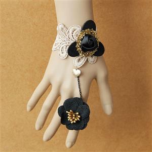 Vintage Bracelet, Retro Black Rose Bracelet, Cheap Wristband, Gothic Creamy White Bracelet, Victorian Creamy  White Lace Bracelet, Retro Creamy White Wristband, Bracelet with Ring, #J18085