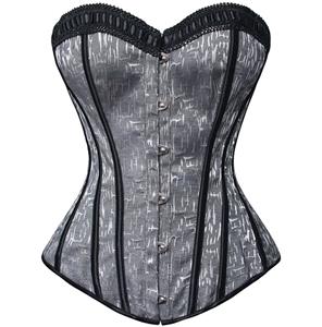 Retro Grey Satin Outerwear Corset, Comfortable Strapless lace ruffles along the bustline Corset, Cheap High Quality Underbust Corset, #N9637