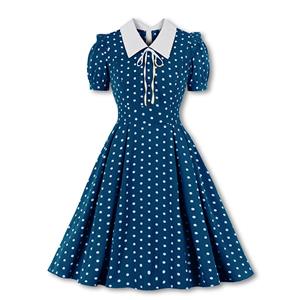 Retro Lapel Lacing Short Sleeve Polka Dots Print Summer Daily A-line Swing Dress N22254