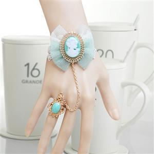 Vintage Bracelet, Retro Embossment Bracelet, Cheap Wristband, Gothic Light Blue Bracelet, Victorian White Lace Bracelet, Retro White Wristband, Bracelet with Ring, #J18084