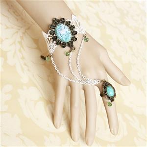 Retro Bracelet, Gothic Light Blue Embossment Bracelet, Cheap Wristband, Gothic White Bracelet, Victorian White Lace Bracelet, Retro White Wristband, Bracelet with Ring, #J18090