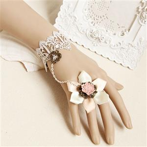 Vintage Bracelet, Gothic Resin Flower Bracelet, Cheap Wristband, Gothic White Lace Bracelet, Victorian Bracelet, Retro White Wristband, Bracelet with Ring, #J18050