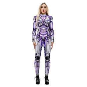  Robot Printed Jumpsuit, Halloween Robot High Neck Slim Fit Bodysuit, Halloween Bodycon Jumpsuit, Long Sleeve High Neck Jumpsuit, Halloween Robot Jumpsuit for Women, #N21253