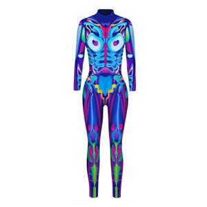 Futuristic Robot Printed Jumpsuit, Halloween Robot High Neck Slim Fit Bodysuit, Halloween Bodycon Jumpsuit, Long Sleeve High Neck Jumpsuit, Halloween Robot Jumpsuit for Women, #N21402