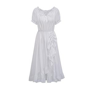 off-shoulder dress, white ruffle dress, tie-up midi dress, puff sleeve dress, romantic evening dress, elastic waist dress, feminine party dress, stretchy cocktail dress, adjustable side tie dress, elegant occasion wear #N23780