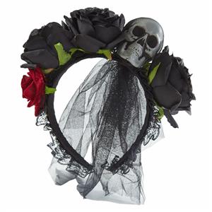 Retro Headwear, Gothic Style Black Headwear, Fashion Black Hair Ornament for Women, Vintage Hair Ornament, Casual Headwear, Gothic Black Rose Skull Head Lace Gauze Headscard Headwear, Halloween Hair Accessories, #J22906