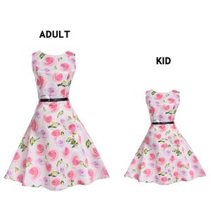 Vintage Dresses for Mother and Daughter, Floral Print Family Matching Dress, Sleeveless Round Collar Printed Dress, Back Zipper Family Matching Dress, Retro Dresses for Mother and Daughter, A-Line Mother and Daughter Family Matching Dress, #N15474