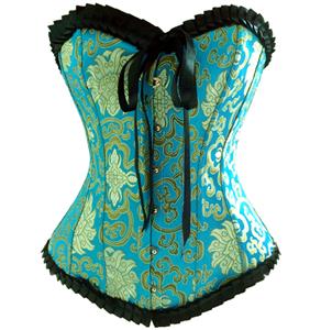 Jacquard Overbust Corset, Flower Brocade Corset, Strapless Ruffle Trim Corset. #N8855