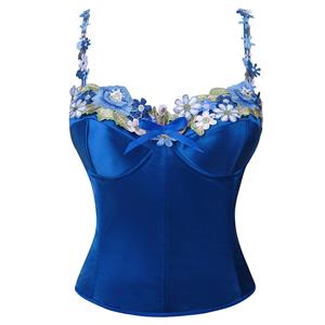 blue satin corset, floral embroidery bustier, adjustable strap lingerie, back seam corset, bridal shapewear, photoshoot costume, figure enhancing corset, special occasion lingerie, stretch satin bodysuit, women