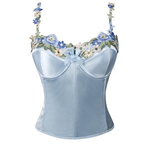 blue satin corset, floral embroidery bustier, adjustable strap lingerie, back seam corset, bridal shapewear, photoshoot costume, figure enhancing corset, special occasion lingerie, stretch satin bodysuit, women