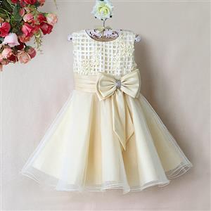 Upper Satin Flower Grid Princess Dress, Cute Champagne High Waist Sliver Powdered Sparkles Princess Dress, Popular Big Bowknot Waist Sleeveless Princess Dress,  #N9487