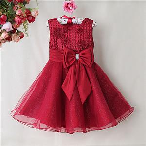 Upper Satin Flower Grid Princess Dress, Cute Wine-Red High Waist Sliver Powdered Sparkles Princess Dress, Popular Big Bowknot Waist Sleeveless Princess Dress,  #N9489