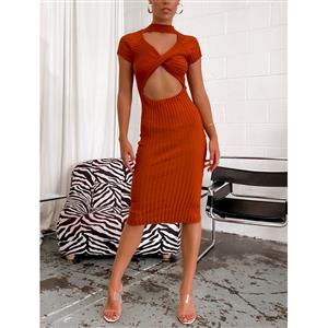 Sexy Twisted Bodice Cut-out High Neck Short Sleeves Elastic Bodycon Summer Wrap Dress N21745