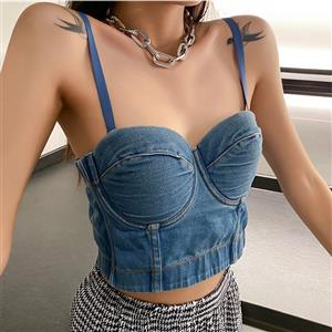 Blue Strap Bustier Bra, Crop Top Vegan Leather Bustier Bra,Denim Bustier Bra, Sexy Blue Bustier, Spaghetti Straps Crop Top, Denim Plastic Bone Bustier, #N21020