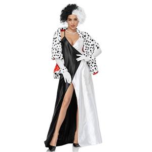 Sexy Disney Cruella Cosplay Costume, Halloween Costume,Halloween Costume for Women,Halloween Black And White Split Fork Sling Dress, Disney Cruella Cosplay Costume, Cosplay Party Dress Set, #N21268