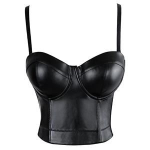 Black Strap Bustier Bra, Crop Top Vegan Leather Bustier Bra, Faux Leather Bustier Bra, #N8596