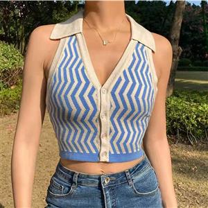 Sexy Tank Tops, Tank Top for Women, Sleeveless Tops for women, Sexy Short  Exposed Navel Tank Top, Cute Women Sweet Tank Top, Sexy Lapel Vest, Sexy Stripes Slim Vest,Halter Stripe Pattern Vest, #N21014