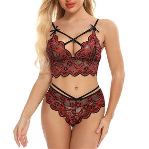 Plus Size Sexy Lace Lingerie Set, Fashion Lace Bra Set, 2 Piece Strappy Lingerie Sets, Thin Lace Bra Set Chemise, Floral Lace Bra and Panty Underwear Set, Sexy Floral Lace Bra and Panty Chemise Set, #N21429